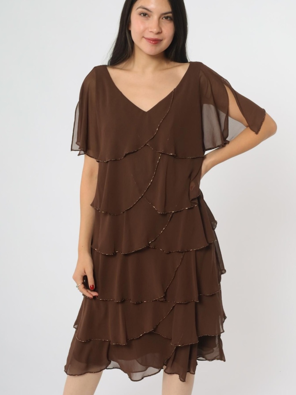 Patra Brown Tiered Chiffon Ruffle Midi Dress